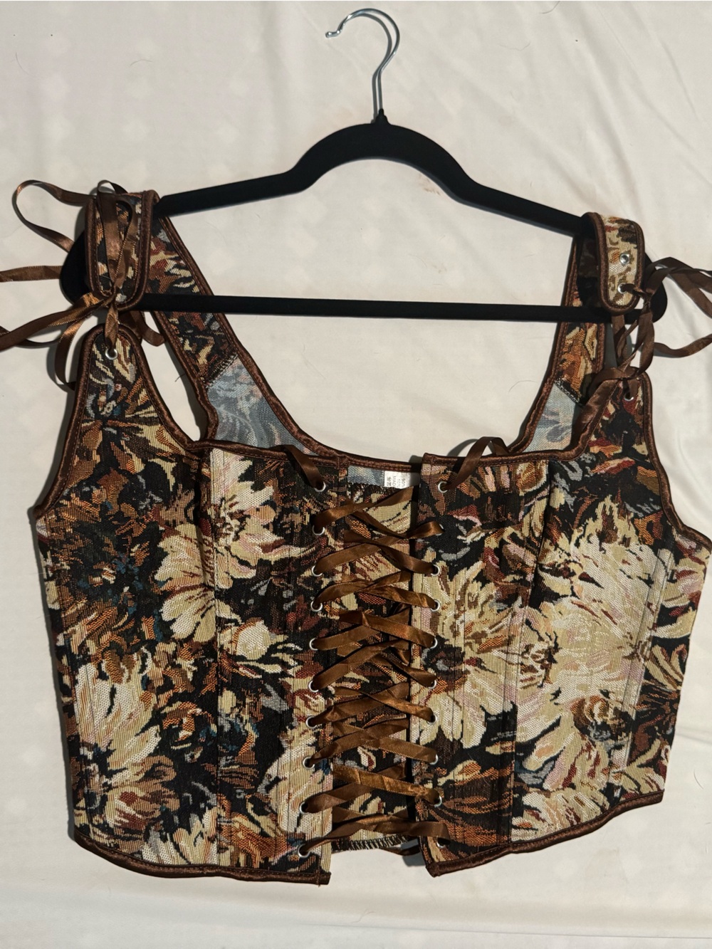 Floral Lace-Up Crop Top - Brown Floral